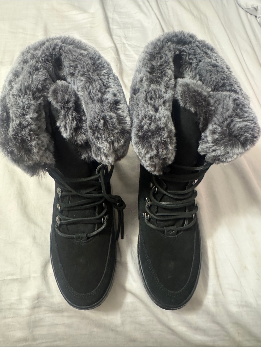Sperry Black Winter Lace-Up Boots with Gray Faux-Fur Collar